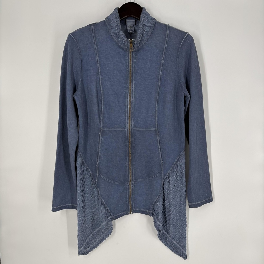 XCVI Mind Set Jacket Womens Large Blue Zip Front Ruffle Collar Asymmetrical